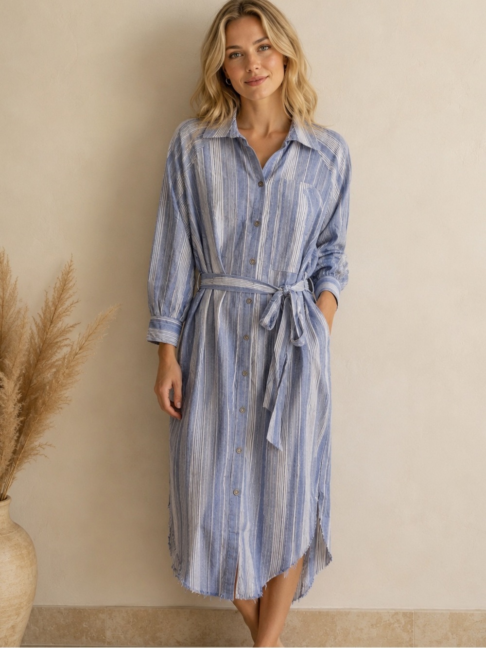 Polagram Blue and White Striped Long Sleeve Shirt Dress